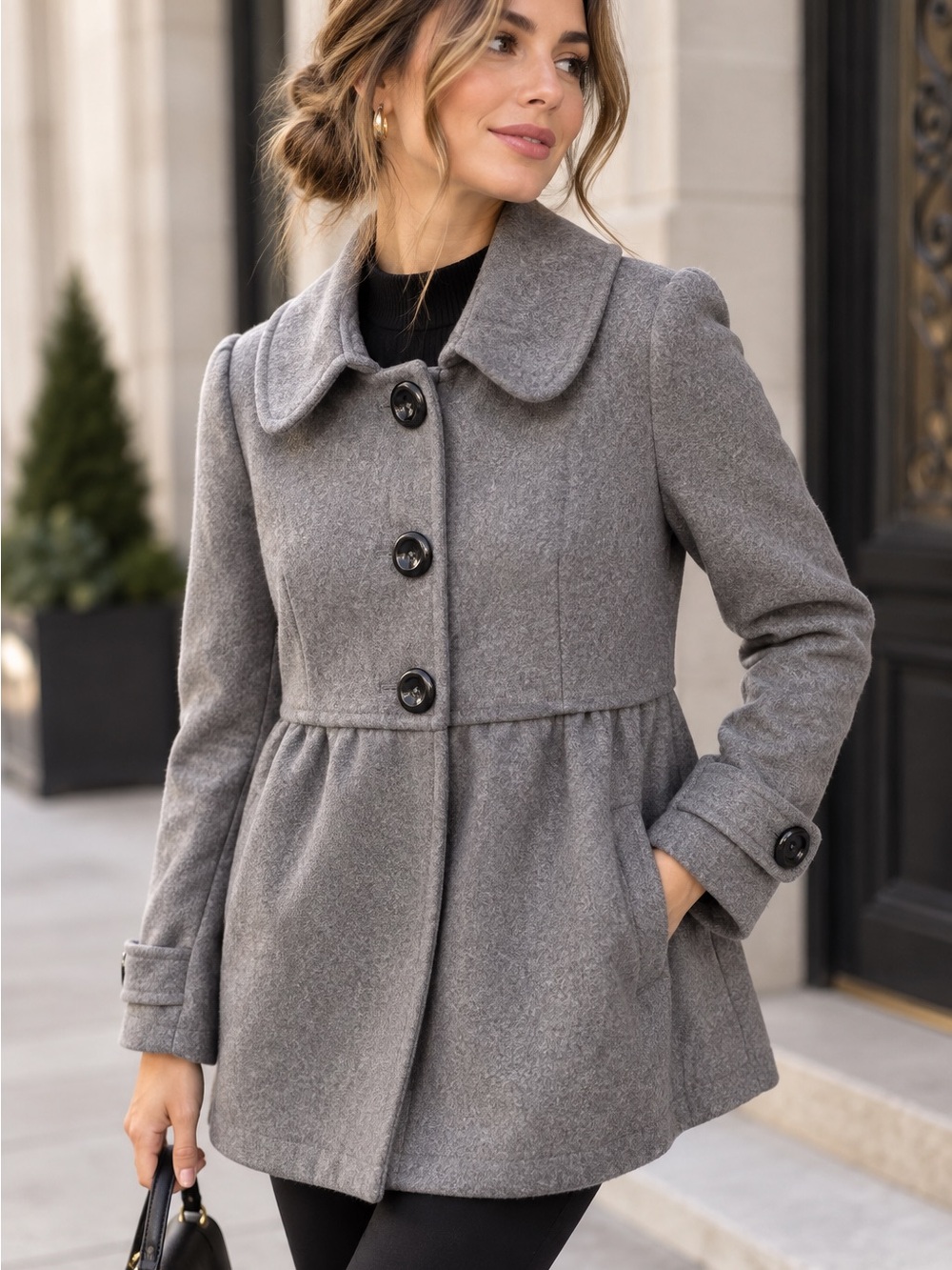 Via Women's Gray Peacoat Jacket Size 8 100% wool Mod Swing Coat Peter Pan